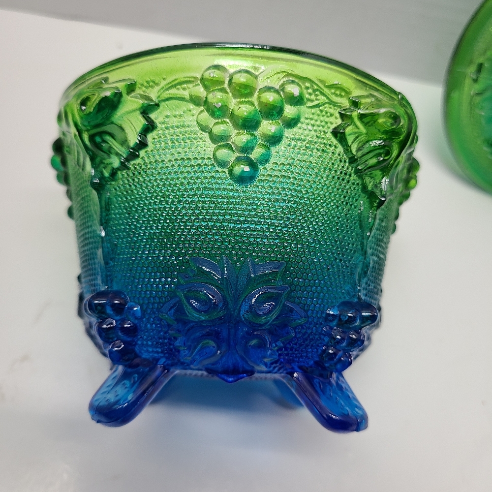 Vintage Jeanette blue/green footed grape leaf glass candy dish w/ lid Capote - Picture 11 of 16